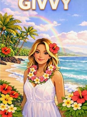 Tropical Floral Lei Artwork Print - Blonde Woman in White Dress
